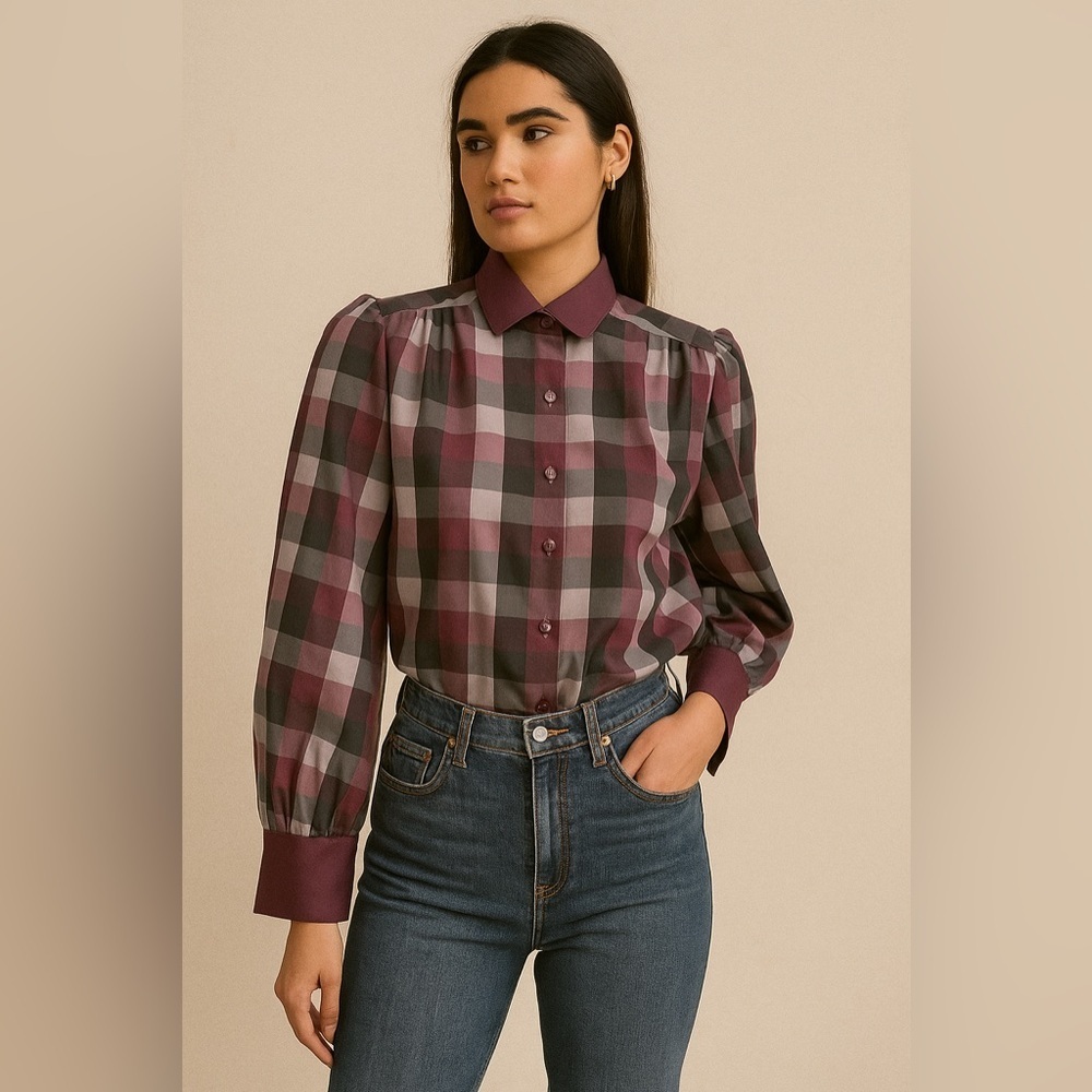 Vintage Blouse Puff Sleeve Plaid Peter Pan Collar Purple Button Down Size M L﻿﻿